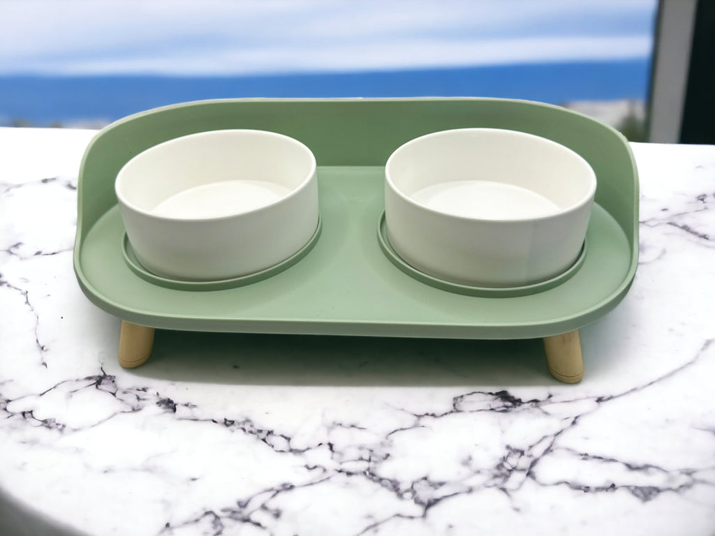 White Double Ceramic Bowls With Raised Stand - Verter Pets - Bowl, Feeding, Food