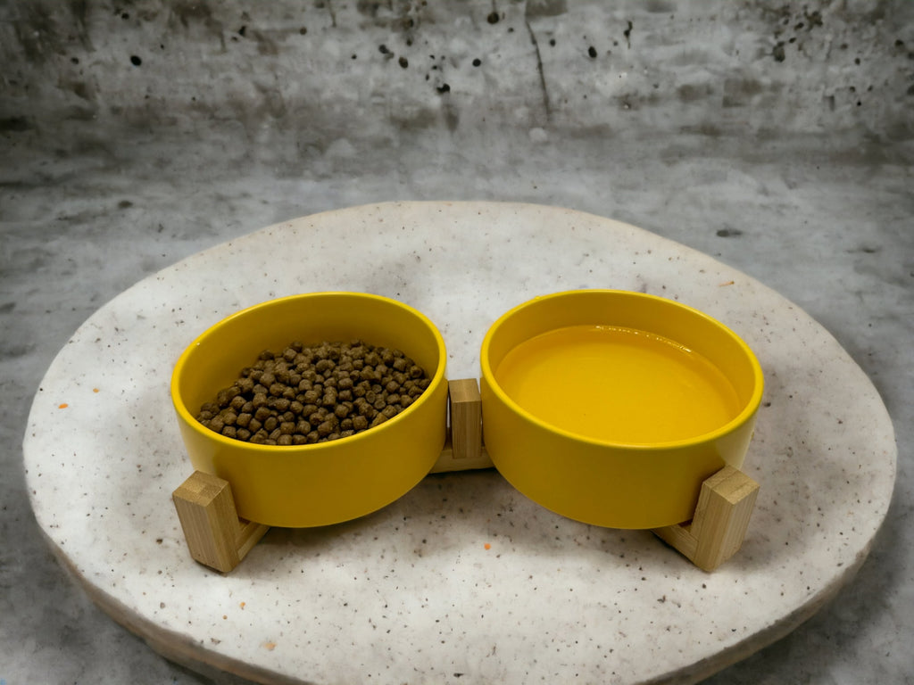 Yellow Classic Double Ceramic Bowl With Wooden Stand - Verter Pets - Bowl, Feeding, Food