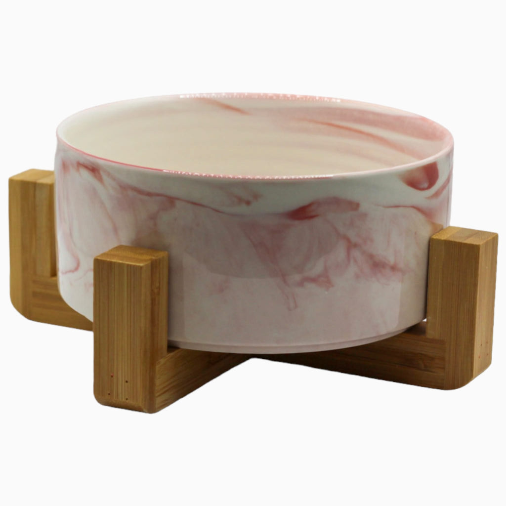 Pink Marble Ceramic Bowl With Wooden Stand - Verter Pets - Bowl, Feeding, Food