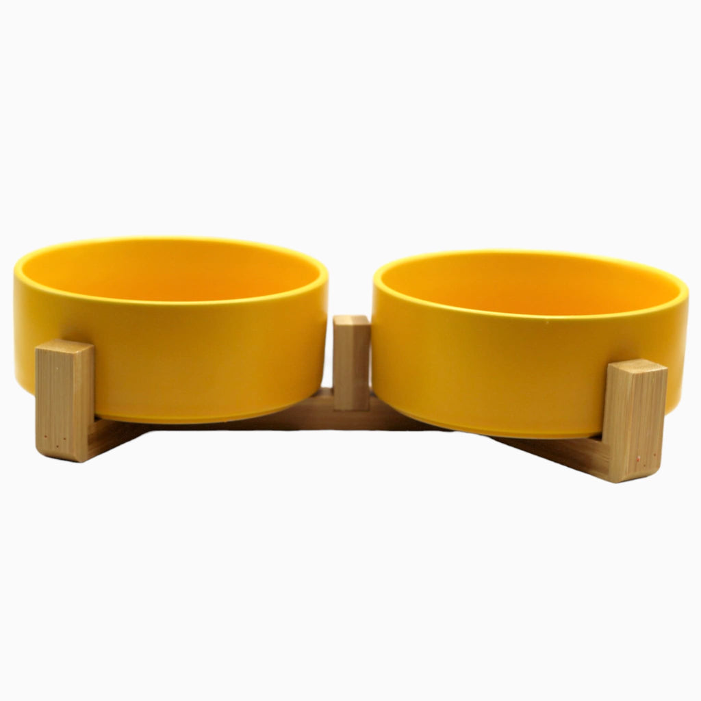 Yellow Classic Double Ceramic Bowl With Wooden Stand - Verter Pets - Bowl, Feeding, Food