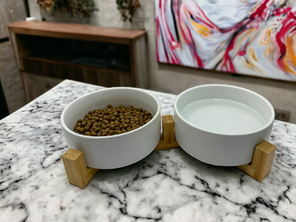 White Classic Double Ceramic Bowl With Wooden Stand - Verter Pets - Bowl, Feeding, Food