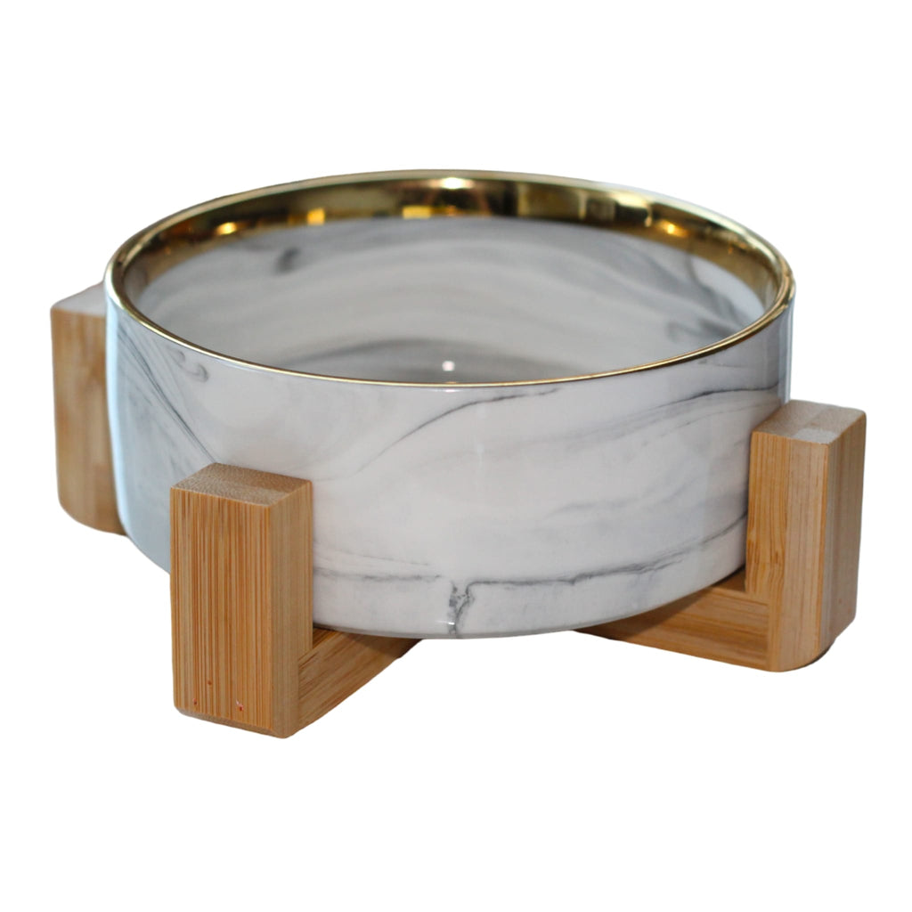 White Marble Ceramic Bowl With Golden Edge - Verter Pets - Bowl, Feeding, Food