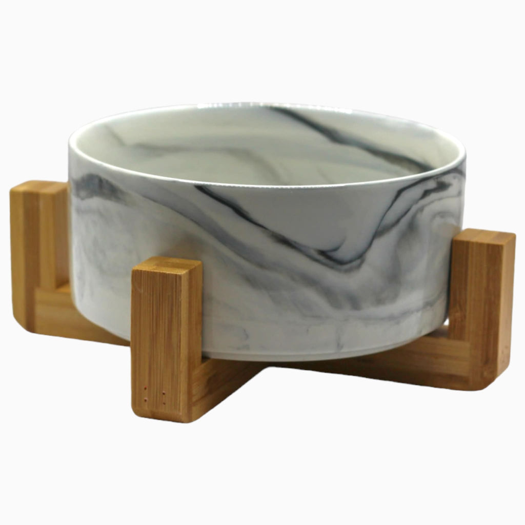 White Marble Ceramic Bowl With Wooden Stand - Verter Pets - Bowl, Feeding, Food